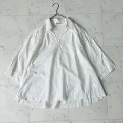 ミッシェルクラン 長袖スキッパーシャツ Vネック 透かし編みブラウス 綿混のサムネイル