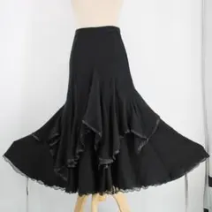 【美品 日本製 社交ダンス衣装】ブラック CHACOTT スカート フリル