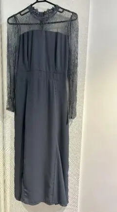 グレー レース長袖 パーティドレス　結婚式　お呼ばれドレス