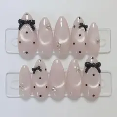 【現品】ネイルチップ 韓国風 マグネット シンプル ドットリボン ピンクガーリーのサムネイル
