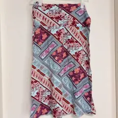 フレアスカート 花柄 水色 海外古着 派手 【L-XL】相当 薄手 ミモレ丈