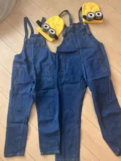 ミニオンコスプレ_デニムオーバーオール2着セットとニット帽