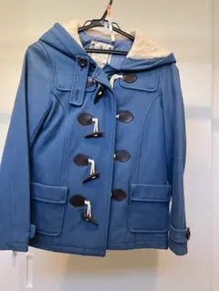 青 ダッフルコート ファー付きフード