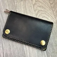 【茶芯ブラック】トラッカーウォレット　ミドル　真鍮　お札を折らずに収納　タイプA
