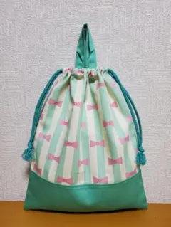 ナップサック 体操服入れ お着替え袋  グリーンしましまりぼん柄×薄緑 ナップサック 体操服入れ お着替え袋 G しましまりぼん ミントグリーン