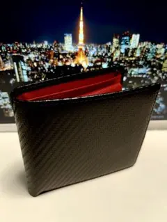 高級カーボンレザー天然皮革国内品質ブラック レッド二つ折り財布