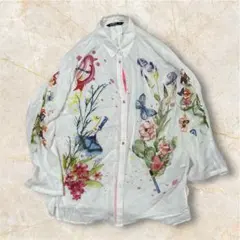デシグアル 花柄 鳥 蝶 アートプリント 長袖シャツ M 白 刺繍 ボタニカル