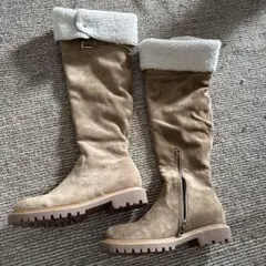 ベージュ スエード ファー付きロングブーツ (24.5cm)