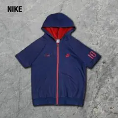 00sNIKEナイキジップパーカー半袖ネイビー紺スポーツウェア刺繍ロゴ古着M