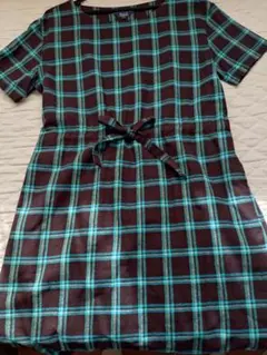 茶色とターコイズのチェック柄半袖ワンピース JUNKO SHIMADAサイズ11