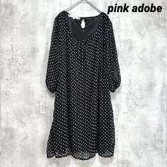 【pink adobe】水玉 ドット 七分袖ワンピース ブラック L ゆったり