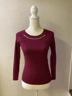 バーガンディ リブ編み ニット 長袖
