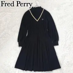 フレッドペリー レイヤード ニットワンピース Aラインロゴ刺繍 ブラック M