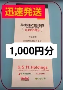 即発送　1,000円　ユナイテッドスーパーマーケット　 株主優待券 nのサムネイル