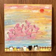 猫の絵 ネコの絵 手描きイラスト「夕暮れとフラミンゴさん」