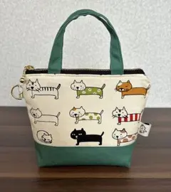 トートバッグ型　ミニポーチ　猫　ハンドメイド　グリーン
