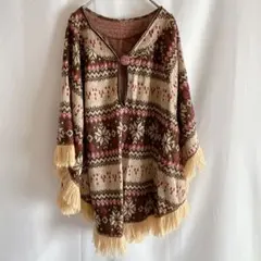 エスニック柄ポンチョ フリンジ付き