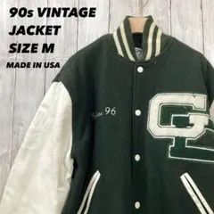 メイドインUSA90sヴィンテージ古着NEFF 袖レザースタジャン　サイズM緑白のサムネイル
