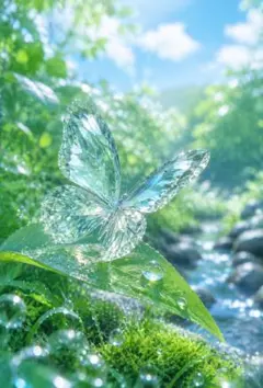 清流に舞い降りる水晶蝶　蝶　小川　緑　自然　風景　新緑　インテリア　C222