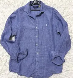 美品】ラルフローレン M リネン100% 千鳥格子オープンカラーシャツ 紺