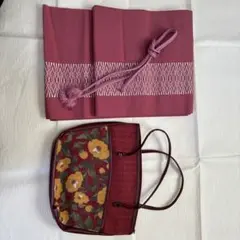 赤い花柄和装用バッグと帯セット