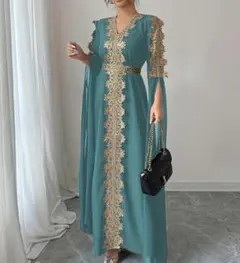 【新品】ガラベーヤ カフタン ワンピース ターコイズグリーン × ゴールド刺繍