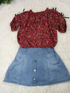 美品❤ NAVY ジーンズ生地スカート風ハーフパンツフリル花柄トップス