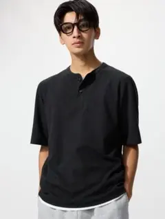 ⭐️新品　ユニクロ　ドライワッフルヘンリーネックTシャツ　XXL　ブラック