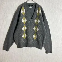 【メンズ】ニット　長袖　アーガイル　グレー　黄緑　ウール　古着