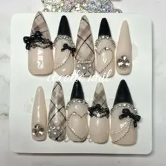 【03】ネイルチップ ワンホン フレンチガーリー スナ系 推し チェック×リボン