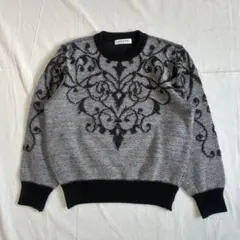 総柄デザインニット セーター グレー×ブラック アクリル混 vintage