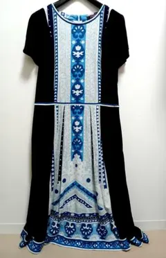 美品✨レオナール ワンピース 半袖 カンカン素材 トリム 黒×青 XL 