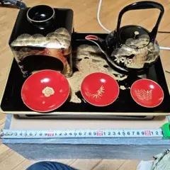 高砂殿 屠蘇器セット 24KGP 金メッキ 盃 銚子 盃台 漆器調 梅 松竹梅