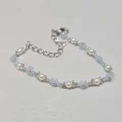 ハンドメイド パール×シルバー×水色 フラワーモチーフ ブレスレット