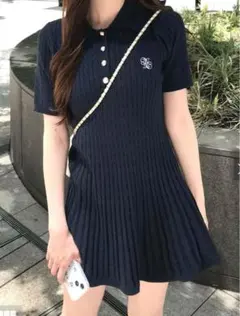 ケーブルニット ポロワンピース ネイビー 半袖 GRK
