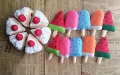 フェルト　おままごと　いちごホールケーキ＆アイス10本セット　ハンドメイド