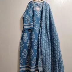 ロングワンピースセット コットン 花柄 ブルー クルタ【63-42】