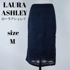 【a322】ローラアシュレイ 美品 ひざ丈 タイトスカート M レース ネイビー