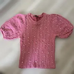 ZARA パール装飾 ケーブルニット 半袖 ピンク S