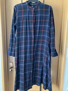 ネイビー チェック柄 長袖 フランネルAラインシャツワンピース