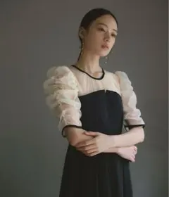 GIRL シアー オーガンジー切り替えギャザースリーブフレア