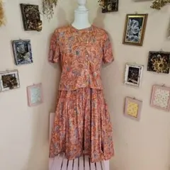 昭和レトロ ビンテージオレンジ系葉柄半袖ワンピース