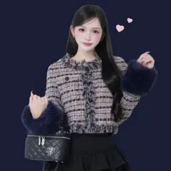 Lumignon Navy pink tweed fur jacket - メルカリ
