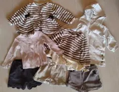 プティマイン　冬服7点セット　コーデュロイ　ボーダー　ブラウン　90　女　長袖