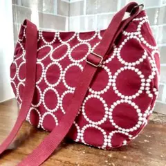 ハンドメイド　ラウンドトート　調整可能ショルダー　タンバリン刺繍柄　レッド