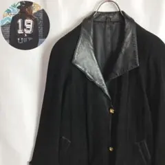 レトロ レザーコート スウェード 切り替えデザイン古着 黒色レディースLかわいい