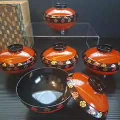 【昭和レトロ】年代物 漆塗り 蓋付き 汁椀 煮物椀 5客セット 伝統工芸 漆器
