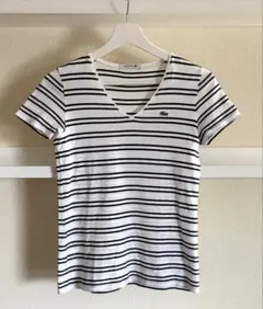 LACOSTE ラコステ VネックボーダーTシャツ ロゴ刺繍 34/Sのサムネイル