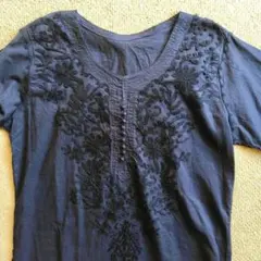 コットン　綿　刺繍　クルタ　チュニック　レディース　ネイビー　長袖　Lサイズ