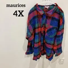 海外古着✨️一点もの✨️maurices 【4X】チェック柄 長袖シャツ 青赤緑